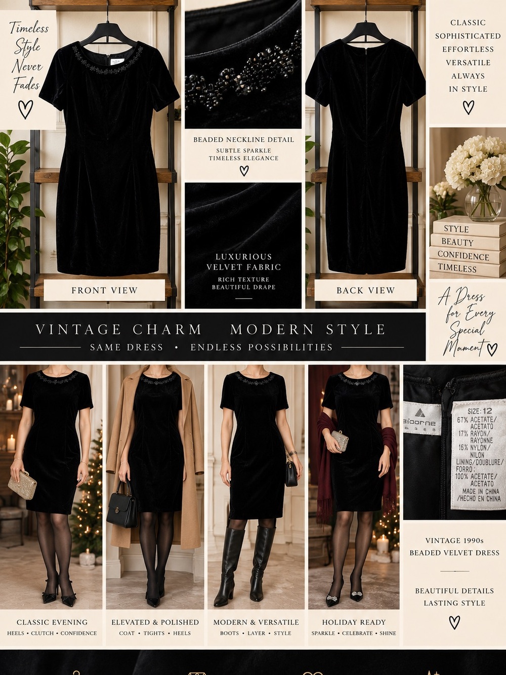 Vintage 90s Liz Claiborne Black Velvet Beaded Cocktail Dress Size 12